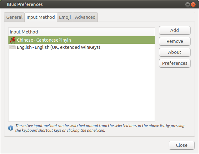 IBus preferences, showing input methods after English (US) has been removed and English (UK) has been added