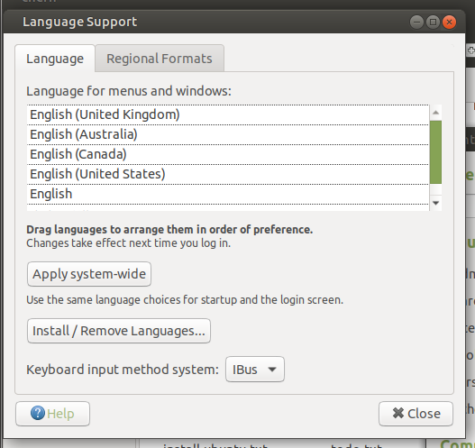 Screenshot of the Ubuntu MATE Control Center Language Support