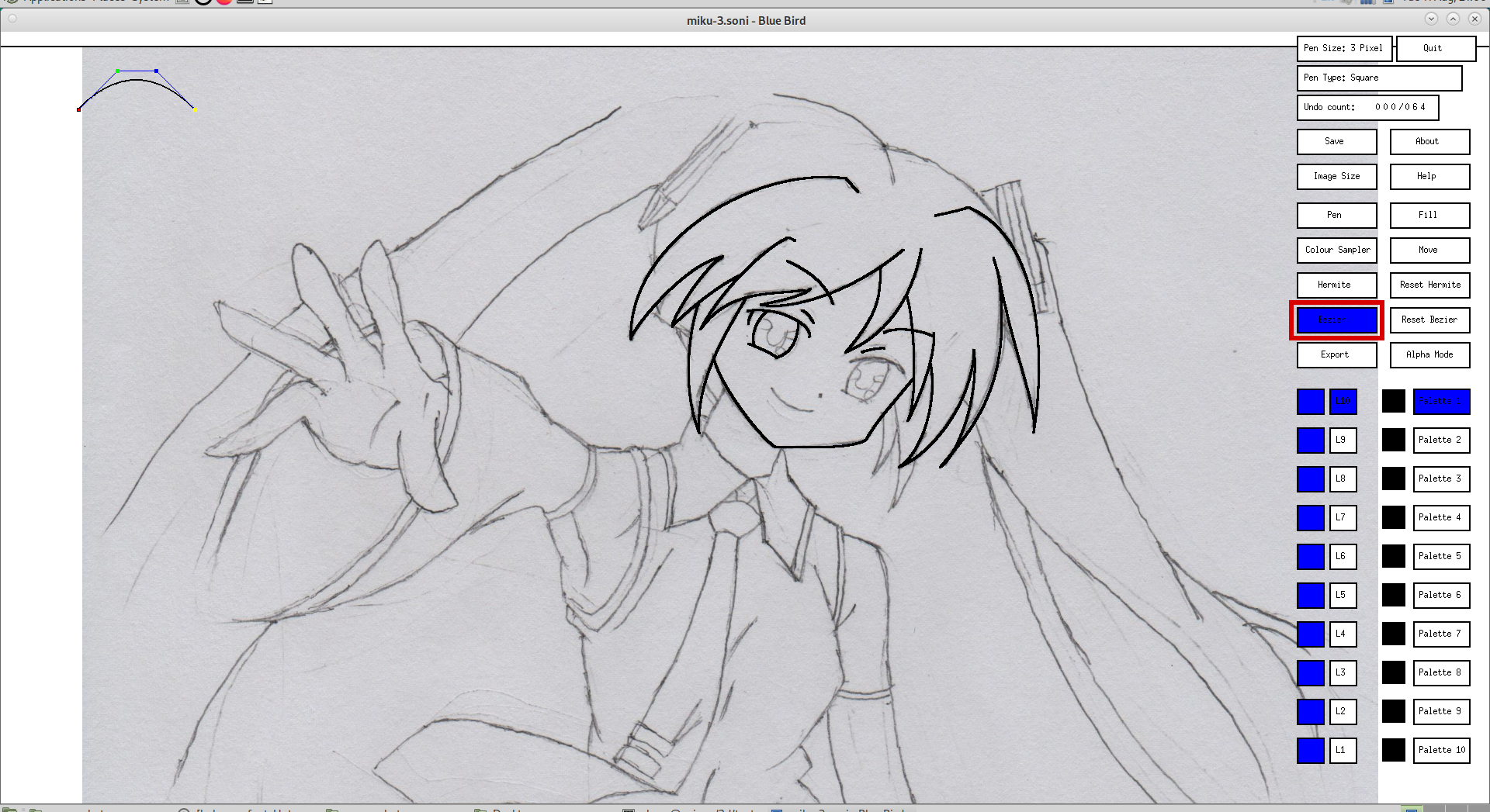 Screenshot of the Bezier button highlighted in Blue Bird